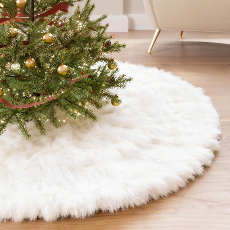 iMucci Christmas Tree Skirt 2025 Update 36 inch Wool Fur White Tree Skirt Small Snowy White Plush Velvet Tree Skirt Party Christmas Tree Decoration - Image 1